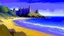 Placeholder: A blue violet castle near a beach painted by Georges Seurat