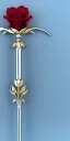 Placeholder: A long silver and Gold spear weapon with a rose at the handle and thorns up the poll, realistic, fantasy,