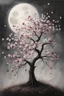 Placeholder: Acrylic painting of a slender cherry tree in bloom painted in isolation, with a lush crown of flowers, flower petals like fine splatters falling on the ground, moon light shining above it, dark background, muted colours, fine details, dream like, atmospheric, highly detailed tree