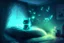 Placeholder: bioluminescent chibi cat fairy in a bedroom in starshine, mist