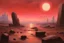 Placeholder: Pale red sky with one exoplanet in the horizon, rocks, mountains, 80's sci-fi movies influence, rodolphe wytsman impressionism paintings