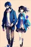 Placeholder: anime couple, walking , colorful, man with salt and pepper beard and woman with dark hair and blue eyes