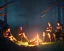 Placeholder: Adventurers resting around a campfire with a cooking pot in a forest clearing at night, starry sky, dark fantasy, high detail, high definition, big adventuring bags, misty