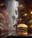 Placeholder: an intricately detailed digital illustration of a steampunk metropolitan city - scape inside of a steampunk double bacon cheeseburger, ultra realistic, concept art, intricate details, eerie, highly detailed, photorealistic, octane render, 8k, unreal engine. art by artgerm and greg rutkowski and charlie bowater and magali villeneuve and alphonse mucha