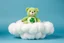 Placeholder: overstuffed white plushie stuffed toy clouds, a vintage good-luck-bear(care bear, Green) plush with tummy symbol(4 leaf clover) sitting on top of the cloud, blue background