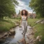 Placeholder: full body shot of a very beautiful lady curly hair, walks in the country side with a narrow river with clean water and nice rocks on floor. The trees and wild flowers pretty country houses ,nice cloudy sky.