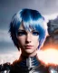 Placeholder: smirking Cyborg anime warrior, blue eyes, light blue hair, short and messy hairstyle, pierced ears, clear complexion, waist up portrait, 8k resolution, intricate details, ornate details, soft lighting, vibrant colors, retroanime, masterpiece, intricate eyeliner, dark eyeshadow, eyes, intricate tattoos, futuristic cityscape background