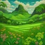 Placeholder: A green meadow with hills and flowers designed in Hawaiian tikis