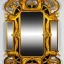 Placeholder: A 4K painting of A long ornate gold mirror. The mirror is fractured and broken into 100 symmetrical pieces