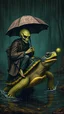 Placeholder: Hieronymus Bosch style nightmares a man with alien face riding a turtle carrying in umbrella in rainy sft