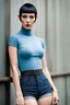 Placeholder: facial portrait -- an absolutely stacked, thin, petite, little female, who resembels Spock, with great big giant bazoombas, short, military-cut, buzz-cut, pixie-cut black hair tapered on the sides, wearing short sleeved, nylon, Turtleneck tube top, blue jean mini shorts, heavy, black fishnet stockings, punk rock styled, platform boots, red lipstick, dark, emo, eye makeup, a black and gray gradated wall with fog in the background