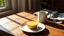Placeholder: A single delicates tart cake filled citrone creme on a small ceramic plate on a wooden table. A steaming mug (possibly coffee or tea) and a folded newspaper are also on the table. Natural, warm sunlight streams in from a window on the left, casting pleasant shadows and creating a cozy, relaxed morning atmosphere