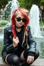 Placeholder: Gothic style rebel woman teenager, pretty and arrogant, red hair and black shiny round sunglasses, leather jacket, edgy bohemian outfit, combat boots, captivating grey eyes, white hair styled in intricate braids, playful and mischievous demeanor - depicted sitting at the edge of a fountain in a city green park, vibrant punk street fashionista, high realistic