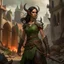 Placeholder: a beautiful tiefling women with dark hair in a sleeveless battle outfit, amidst the ruins of a medieval town destroyed by war