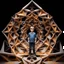 Placeholder: a 3d structure fractal based on tiangles with small spheres at joints ,with a 8 years old boy standing in center