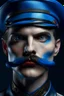 Placeholder: fantasy drawing. porcelain man with blue painted accents. blue glass hair and in a dark, almost black, blue army uniform. somber expression, blue eyes, think mustache. red lips.