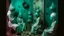 Placeholder: The Watchers with blue snails of the Empty Room, augmented reality, pantomim, masks, eerieland, abstract surrealism, glitter, calotype combineted transparent burgundy and pastel menta color, tintype , performance art