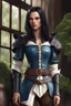 Placeholder: beautiful pale female, half elf, black silky straight shoulder length hair, blue leather armor with white frills, shoulder to waist belt, brown travelling boots, standing near window, plant on pot, brown dark eyes, realism, realistic, photorealistic, sheated rapier attached on hip