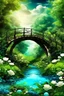 Placeholder: fabulous big magical beautiful Bridge among relict trees, tropical forest in some places covered with ivy, beautiful white roses, around blue beautiful river fantasy, photo