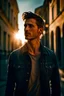 Placeholder: Beautiful man, beautiful face, short hair, that is standing on a sidewalk, wearing jeans, trending on unsplash, viennese actionism, anamorphic lens flare, dynamic pose, shallow depth of field, dreamlike, nature-inspired, romantic, whimsical, fantasy art,