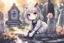 Placeholder: cute chibi anime cat girl in the graveyard, sadly sitting next to a grave, flowers in her hand in sunshine, melting watercolor and black ink outlines on wet paper, shading colors, soft strokes, ethereal, otherwordly, cinematic postprocessing, bokeh, dof