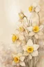 Placeholder: Close up of VIBRANT tattered flowers, daffodils IN AN ethereal beige setting, the setting is in a blend of old world aesthetics and ethereal creamy beige and white fantasy in a dreamlike ethereal zentangle illustration in the magical style of Charlene McNally and carne griffiths