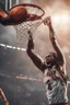 Placeholder: 8k, highly realistic and detailed image of a NBA basketball player in action dunking the ball in the net, sweaty hair, screaming look,action and smoke and flames background