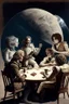 Placeholder: Captain Janeway, Einstein, Leonardo Davinci, Plato, and Amelia Earhart playing cards while drinking coffee sitting on the surface of the moon with Earth in the background