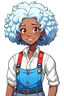 Placeholder: Garota negra vestida com um macacão branco e suspensórios azuis com cabelos cacheados brancos e olhos vermelhos estilo stardew valley
