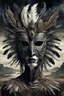 Placeholder: An surreal stunning image of a crepy ritualistic Feathered Mask-face mutant witd dark eyes, pale skin, on creature, with dark muted tones, a grim and weird atmosphere, textured impasto-like effect with ink, intricate details, surreal vibe, expressive focusing, muted tones, gradients, thriller and utopistic mood, in background barren landscape, ruins, dark shadows