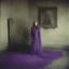 Placeholder: actress greta garbo , hippie girl, purple fur, in a liminal empty room, old autochrome