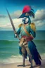 Placeholder: Half parrot half human in a 1700s military uniform holding a sword next to the ocean