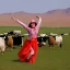 Placeholder: a disco girl dancing in the mongolian desert with cows and squirrels