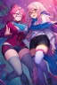 Placeholder: Kyoto Animation stylized anime ~ Beautiful woman with braided pink hair, Pink eyes, and freckles. wearing a blue scarf, glasses, adventurer outfit, bootyshorts and thigh highs. feminine pose in a field. Cinematic Lighting, ethereal light, intricate details, extremely detailed, incredible details, full colored, complex details, insanely detailed and intricate, hypermaximalist, extremely detailed with rich colors. masterpiece, best quality, aerial view, HDR, UHD, unreal engine. plump