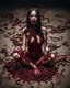 Placeholder: Petit weird woman with many worms from his body, sit pose, fullbody, splashes blood, behind guts rising from the ground, darkred tones, macro photography,