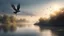 Placeholder: Hyper Realistic early morning (6:40 am) scenery of a riverside where a beautiful bird flying just few inches above the river water showing dramatic and cinematic ambiance.