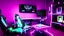 Placeholder: Dark purple and black gaming room with neon lights, gaming chair and PC with RGBs, realistic