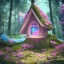 Placeholder: a fairy house pink and blue, in the forest, spring time, 8k, flickering light, centered, high-quality, fine-detail, digital art, detailed matte, volumetric lighting, illustration, 3D octane render