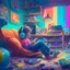 Placeholder: A boy is sitting on the sofa in his room listening to music with headphones, and his toys have come to life and are playing around him. A room full of joy and color, digital art, anime, 4k, full details, high resolution, cinematic