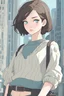 Placeholder: A stylish young woman with dark brown hair and light blue eyes standing in a city.