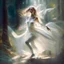 Placeholder: A sweet delicate music surrounding a gracious girl dancing barefoot in a forest, detailed beautiful face, she's wearing a white transparent dress, looks like a painting, volumetric lighting, depth of field