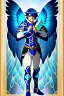 Placeholder: a human male with blue short hair and blue wings in an assymetrical armor with geometric patterns and a book in hand