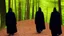 Placeholder: Black robed, hooded monks on the forest path