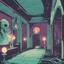 Placeholder: ghostly wraiths and incandescent smoky phantoms in a hall with broken mirrors in retro-scifi colors