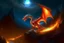 Placeholder: Whole dragon with great fiery wings made of fire on a steep rocky landscpe with a ravine on a full moon and shooting stars