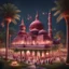 Placeholder: Hyper Realistic areal view of beautiful maroon mosque with people celebrating outside with garland lights & sky lanterns at rainy night with palm trees & grass patches