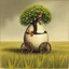 Placeholder: enigmatic giant egg with wooden wheels in the middle of a grassy field, out of a crack in the top of the egg sprouts a tree with chickens growing as its fruit, rough color pencil illustration, cross-hatching textures, surreal atmosphere, unsettling