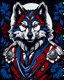 Placeholder: anthropomorphic wolf full body art illustration black background red, blue and white color