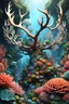 Placeholder: 3D rendering of Expressively detailed and intricate of a hyperrealistic “coral”: side view, colorful, antler, rainforest, tribalism, detailed with flowers, surround, shamanism, cosmic fractals, dystopian, octane render, 8k post-production, detailled metalic bones, dendritic, artstation: award-winning: professional portrait: atmospheric: commanding: fantastical: clarity: 16k: ultra quality: striking: brilliance: stunning colors: amazing depth