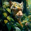 Placeholder: close up of an almost invisible Tiger HIDDEN behind amongst jungle leaves, oil on canvas in the style of Daniel Gerhartz